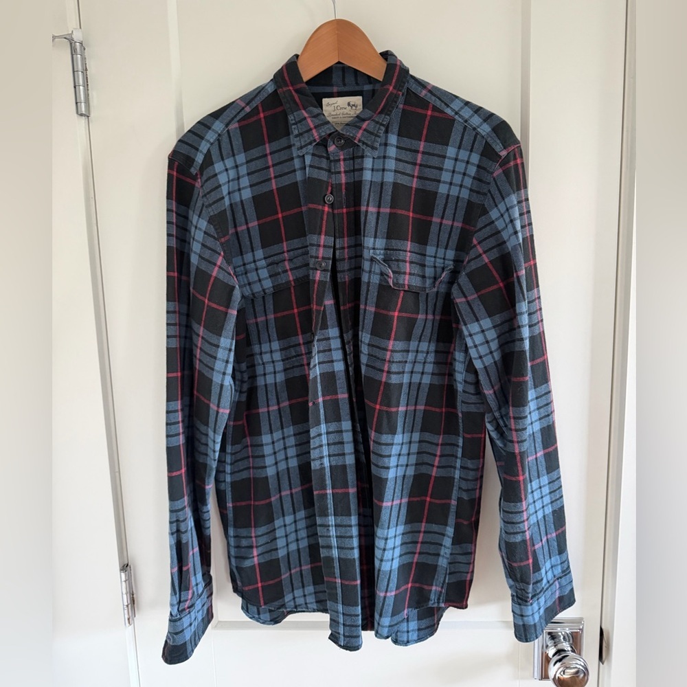 J.Crew Brushed Cotton Flannel Shirt – Blue/Black Plaid – Men’s Large